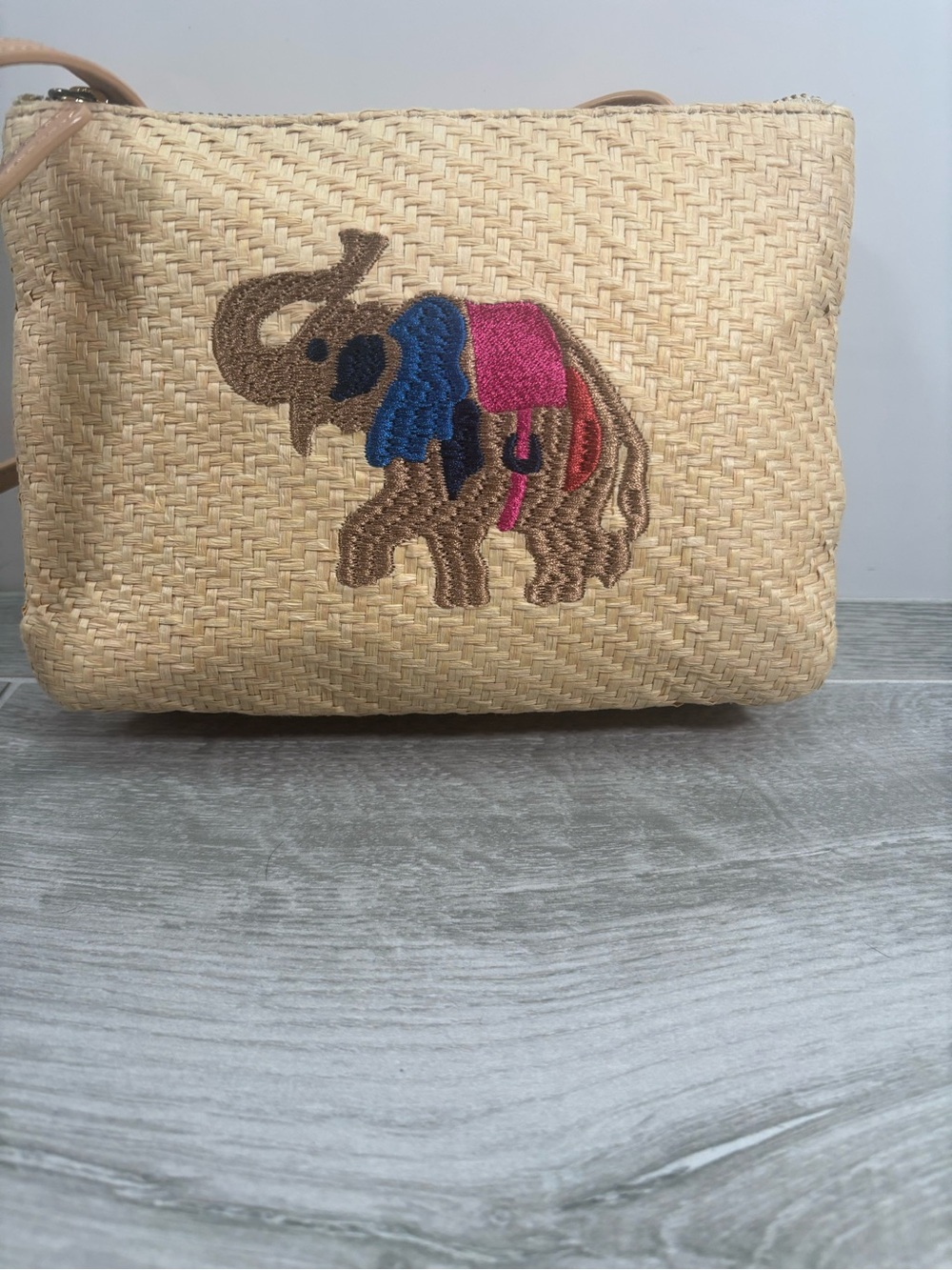 Talbots Raffia Straw Elephant Crossbody Purse Leather Trim Double Zip